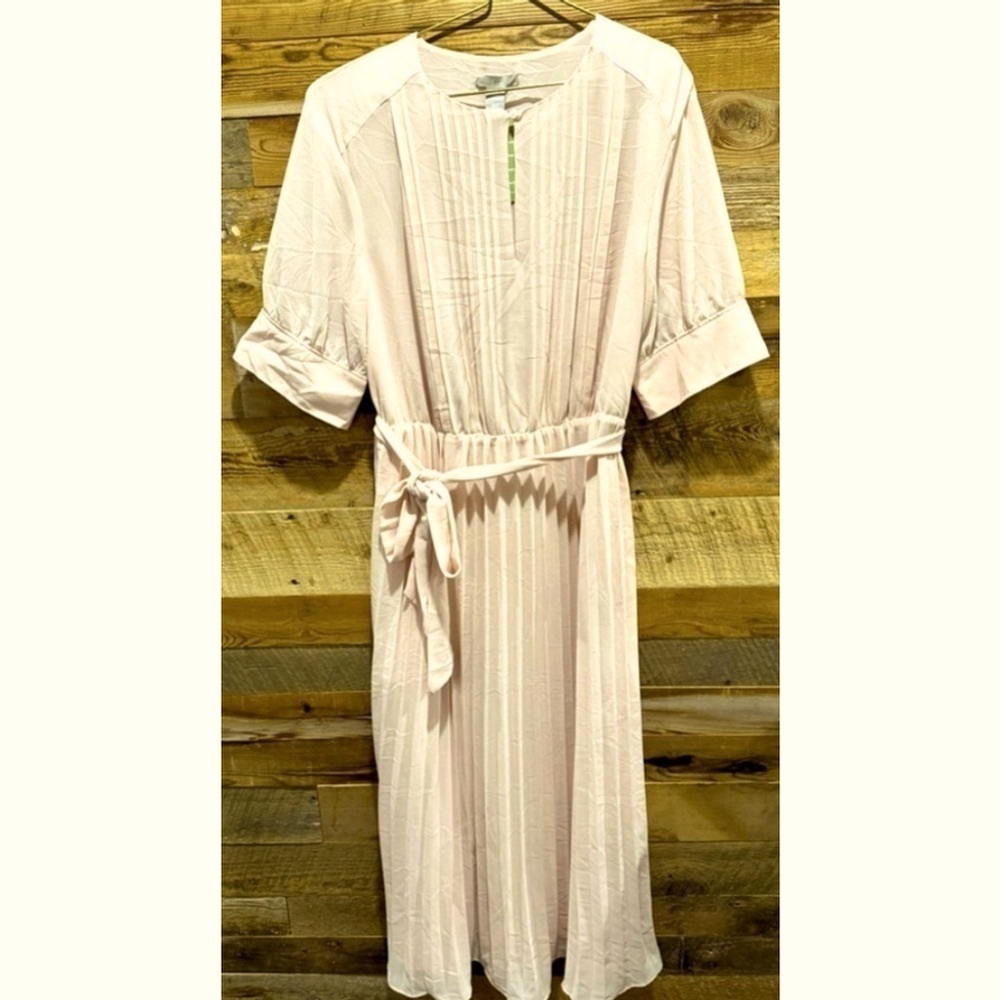 NWT H&M pleated chiffon blush pink midi dress elegant flowy garden party belt M